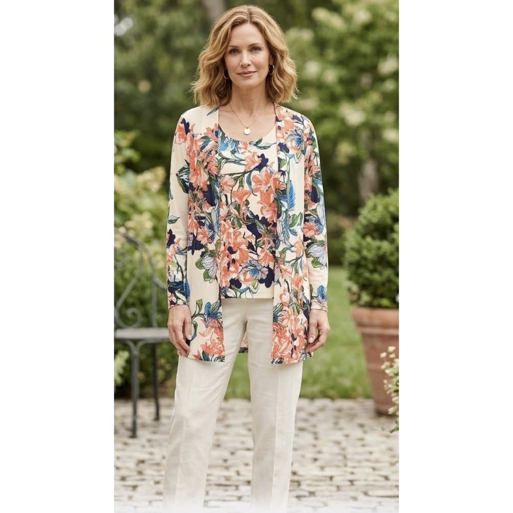 NWT Chico's Floral Print Cardigan Women's Size L Beige 2-Piece Sweater Set